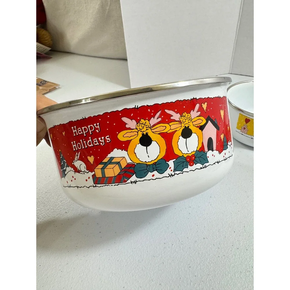 VTG 5*Christmas Enamel Nesting Bowls Set Santa Snowman Reindeer Bear‎ collection